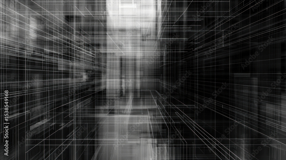 Poster abstract lines and dashes creating tech style design, evoking sense of depth and modernity