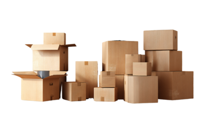 A Collection of Brown Cardboard Boxes Isolated on a Black Background in Studio
