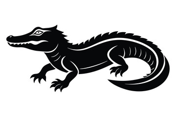 Silhouette crocodile features sharp teeth and claws crawling steadily across the white background