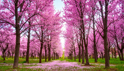 Cherry Blossom Avenue: A breathtaking pathway unfolds, lined with vibrant cherry blossom trees in full bloom, their pink petals creating a tunnel of floral enchantment.