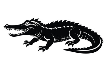 A monochrome alligator with exposed teeth curves its tail against a white backdrop