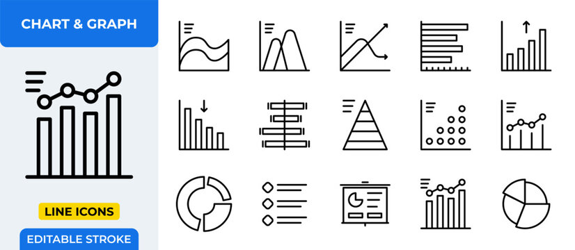 Chart & Graph Line Icons Set - Chart, graph, analysis, report, growth, trend, statistics, pie chart, bar graph, line graph, scatter plot, dashboard, infographic icons - Editable Line