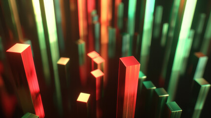 Obraz premium Glowing red and green candlestick chart pattern with vertical bars representing data trends in vibrant, abstract style
