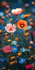 Vibrant wildflowers bloom in a colorful meadow during late spring, attracting bees and butterflies in a serene landscape