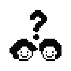 Cute pixel cartoon character man with question mark decoration 8 bit male boy confused idea question mark quiz questionnaire choose cartoon pixel game 8bit png vector.