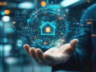 Digital home security interface displayed in a modern environment