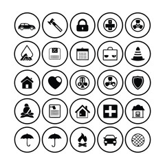 The icon set features diverse business and travel symbols displayed within a clean circular frame