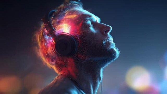 Vibrant brain activity visualization capturing musical inspiration, neural networks transforming sound into dynamic, colorful energy patterns emerging from musician's mind while wearing headphones