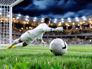 Goalkeeper dives to save ball during intense soccer match at night