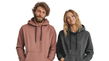 Stylish couple posing in matching hoodies against a stark black background smiling