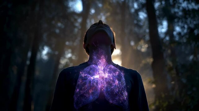 Medical visualization of a man breathing deeply in a forest, with glowing lungs highlighted, symbolizing parasympathetic activation and connection with nature