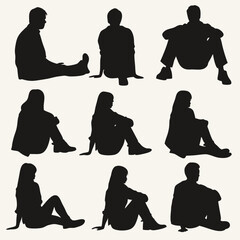 Several black silhouettes of diverse people are sitting on the ground in different poses