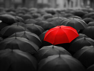 Bright red umbrella stands out among black umbrellas in rainy weather