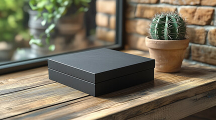 A black minimalist box sits on a wooden surface by the window, next to a cactus pot.