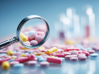 Inspection of colorful medication under magnifying glass in laboratory setting