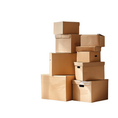 Stacked cardboard boxes against black background symbolizing moving or storage