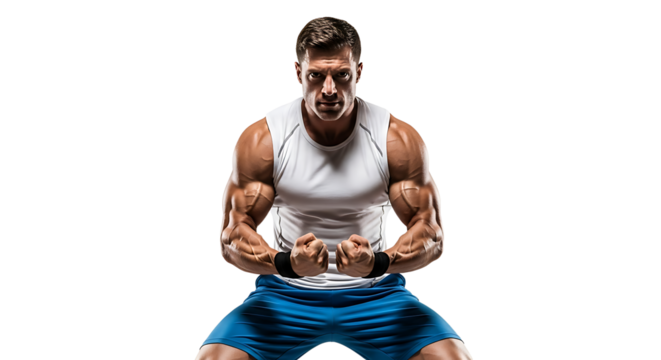 Man flexing muscles showing strength and powerful physique - Powered by Adobe