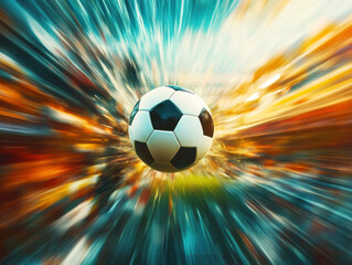 Fototapeta premium Soccer ball in motion with vibrant crowd background at an exciting game