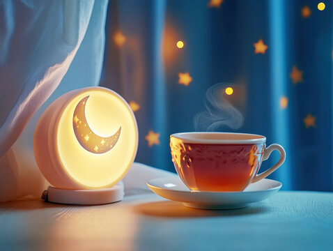 Cozy evening with a steaming cup and a glowing crescent moon lamp