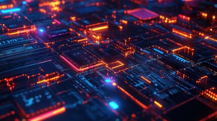 Obraz premium Complex digital circuit board illuminated with vibrant glowing circuitry and connection points