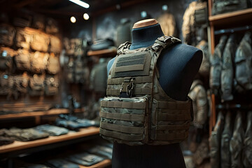 A detailed view of tactical gear and military apparel displayed in a shop, showcasing modern combat equipment.