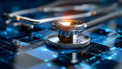 A close-up of a stethoscope on a digital background, showcasing the intersection of technology and healthcare.