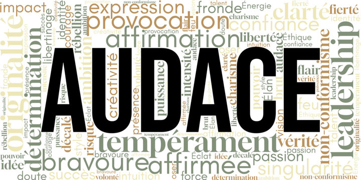 Nuage de mots en français autour du mot "audace". Thèmes de courage, ambition, créativité, force, confiance et originalité. Idéal pour visuels motivationnels, coaching, art ou branding