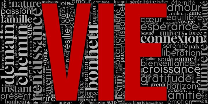 Nuage de mots en fran&ccedil;ais autour de "vie". Mots positifs li&eacute;s &agrave; l&rsquo;existence, l&rsquo;amour, la libert&eacute;, les &eacute;motions et le chemin de vie. Id&eacute;al pour affiches, coaching ou d&eacute;co int&eacute;rieure