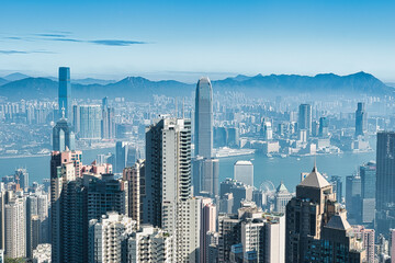 Hong Kong -January 01, 2024: Modern business buildings with blue sky in Hong Kong, Asia.