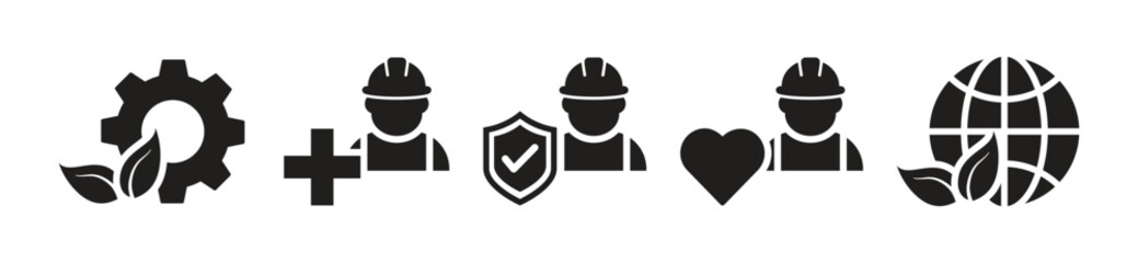Set of vector icons of insurance, protection, employee safety in silhouette style on white background. Vector illustration