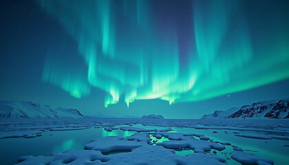 Naklejka premium Stunning Aurora Borealis Displaying Over a Snowy Landscape at Night