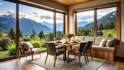 Cozy Corner Breakfast Nook with Built-in Seating and Panoramic Mountain View

