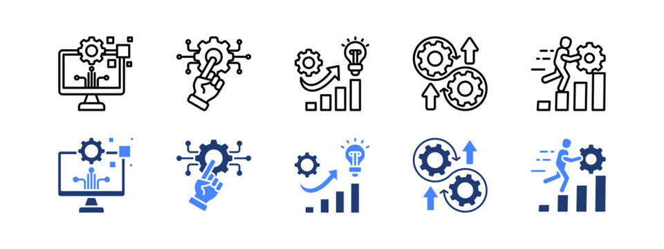 Strategic evolution icon set with Digital transformation, Technology, Evolution, Continuous improvement, Resilience.