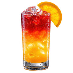 Colorful tequila sunrise cocktail with orange slice on a dark background