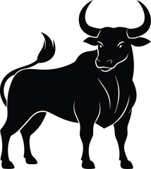 Curved horn bull silhouette with intense pose and minimal style