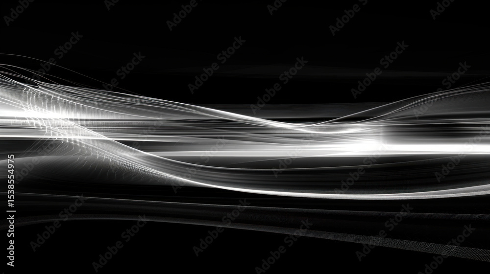 Poster dynamic swooping curved lines create mesmerizing visual effect with light particles in monochromatic