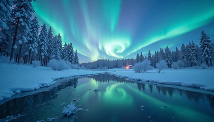 Spectacular Aurora Borealis Display Over Snowy Winter Landscape and River