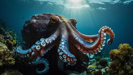 Magnificent Octopus displays remarkable skin texture underwater with sun rays piercing through the ocean