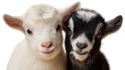 Charming duo: Adorable black and white baby goats posing together on black backdrop