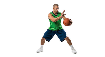 Man Dribbling Basketball on Isolated White Background