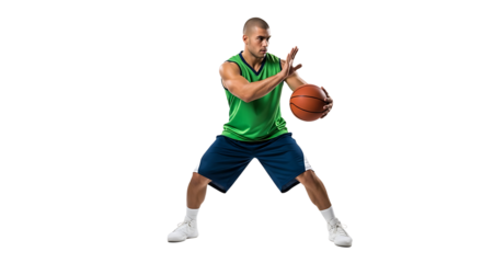 Man Dribbling Basketball on Isolated White Background