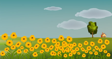 Beautiful wildflowers blooming on the field landscape vector illustration background.