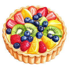 Fruit tart filled with assorted fresh fruits including strawberries, blueberries, and kiwi, all arranged in a decorative pastry shell. cut out. transparent background