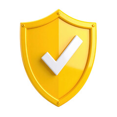 A glossy yellow shield with a prominent white checkmark symbolizing security and trust. cut out. transparent background