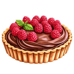 Delicious chocolate tart topped with fresh raspberries and mint leaves. cut out. transparent background