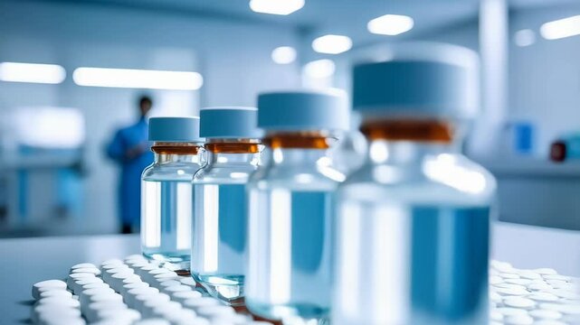Rows of medical vials with liquid substance and pills in a sterile lab setting, symbolizing medicine, vaccine research and treatment
