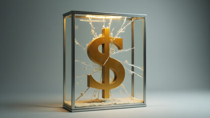 Golden dollar sign enclosed in cracked glass box resting on sand, representing financial fragility, economic instability, and symbolic fragility of monetary systems in crisis
