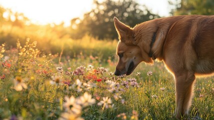 A dog playfully sniffing the flowers in a sunlit field of wildflowers, surrounded by green grass and a few trees in the background. 