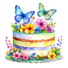 A decorated cake adorned with colorful flowers and butterflies. cut out. transparent background
