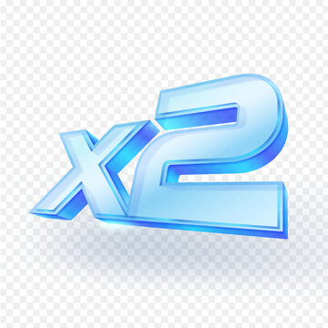 3D "X2" glass symbol icon, signifying a double multiplier, bonus, or increased value. Ideal for games, promotions, or special offers. Isolated on transparent background. Vector illustration.